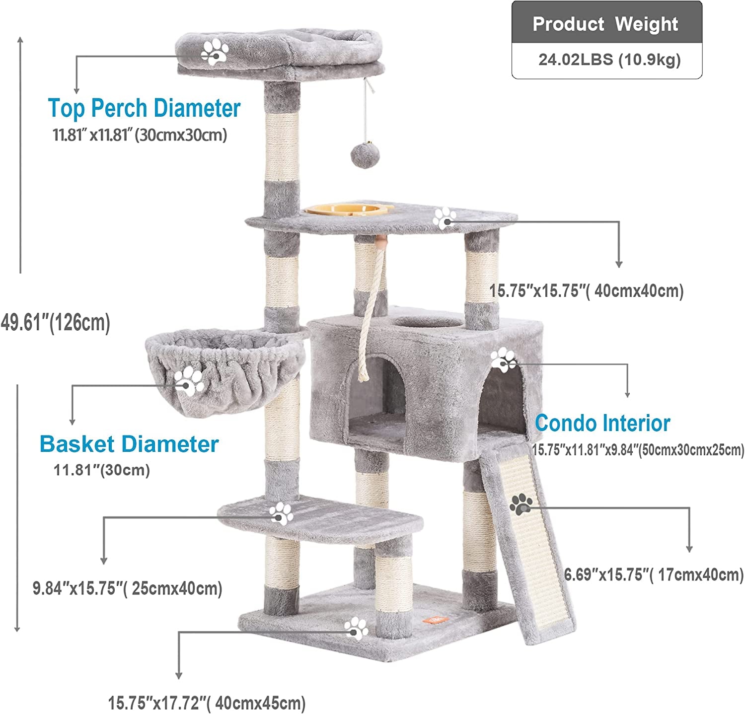Cat Tree, Cat Tower for Indoor Cats with Scratching Board, Multi-Level Cat Furniture Condo with Feeding Bowl, Light Gray HCT010W